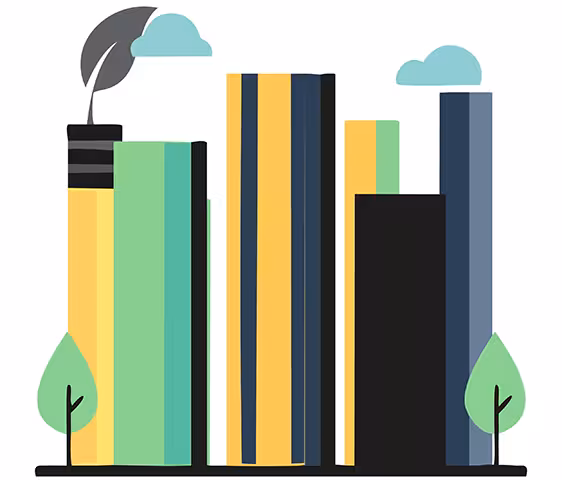 Illustration d’une ville durable avec des bâtiments éco-conçus Illustration de bâtiments industriels avec une feuille verte symbolisant l’éco-conception et des arbres, représentant la durabilité.